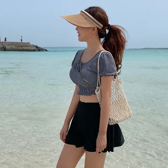 体型カバー ハイウエスト チェック柄 Aライン タンキニ ビキニ