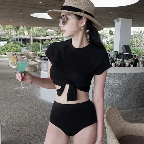 ハイウエスト 体型カバー プルオーバー 無地 半袖 タンキニ ビキニ