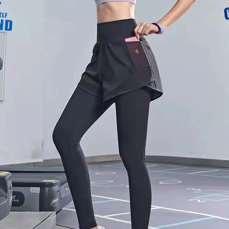重ね着風 スポーツ ハイウエスト ヒップアップ 吸汗速乾 フィット フィット ヨガパンツ