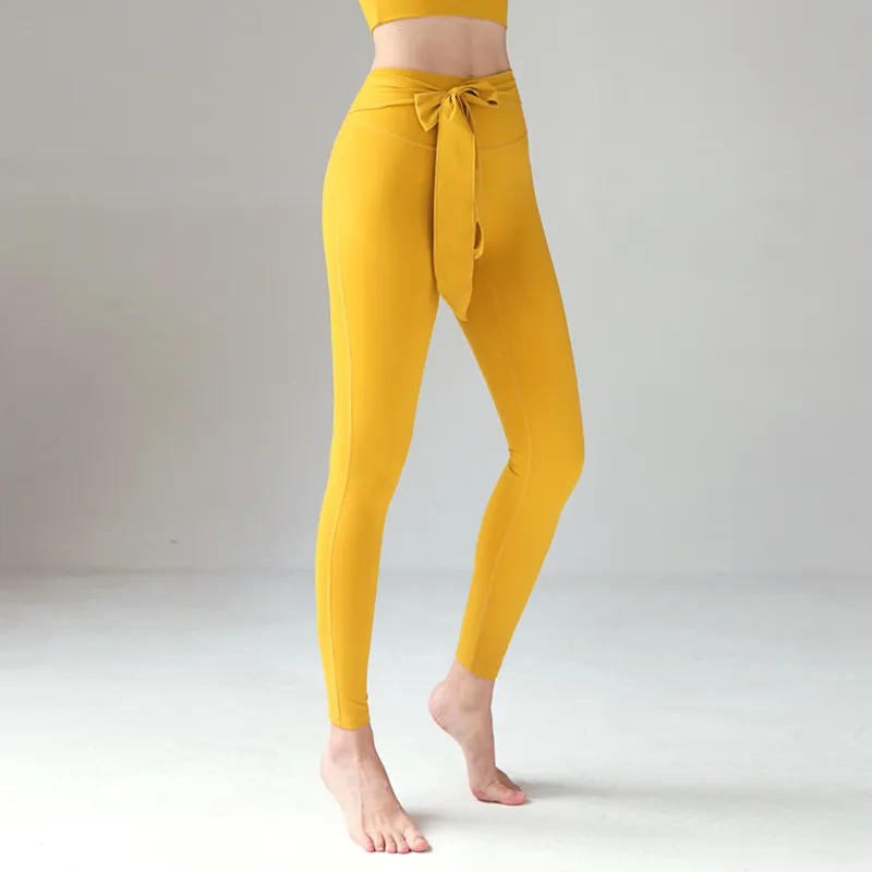 トレーニング 伸縮性よい ハイウエスト リボン 美尻 無地 ヨガパンツ