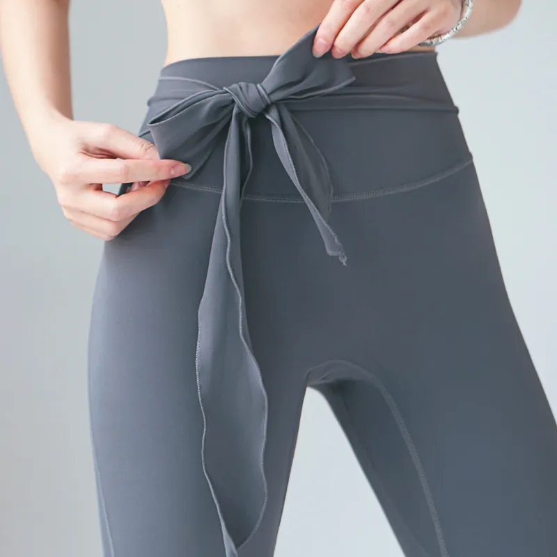 トレーニング 伸縮性よい ハイウエスト リボン 美尻 無地 ヨガパンツ