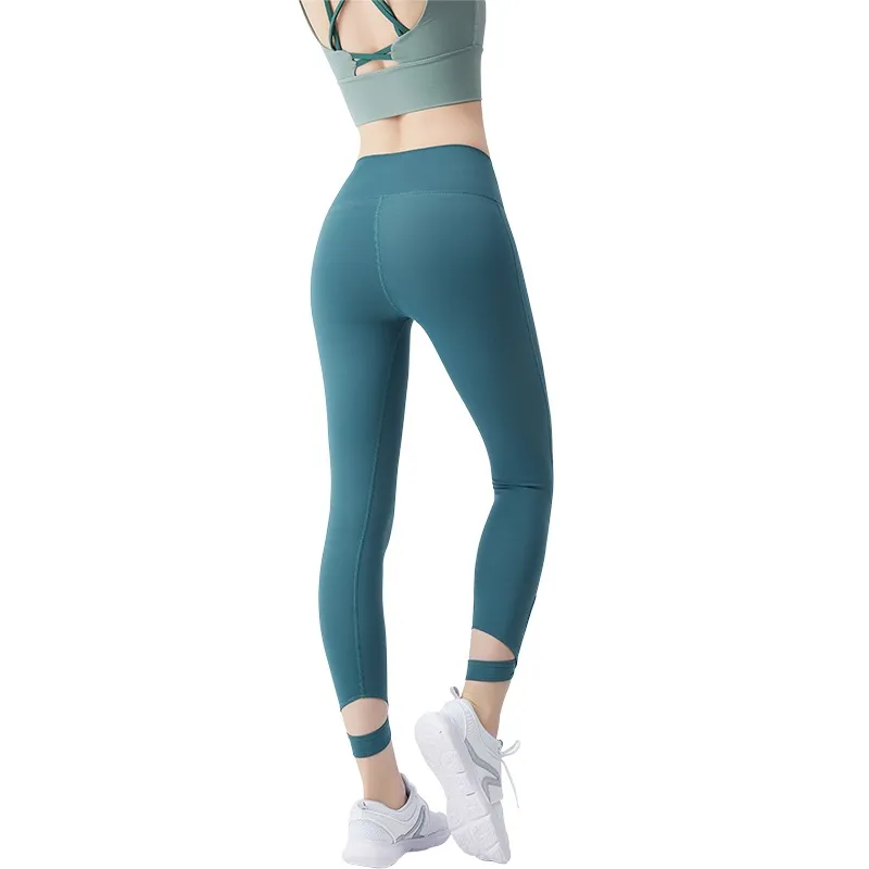 適度なフィット感 ハイウエスト 無地 スポーツ アンクル丈 透かし彫り ヨガ パンツ