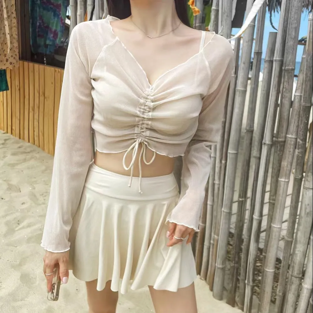 韓国風 3点セット 長袖 体型カバー ボウタイ ギャザー 透け防止に 日焼け止め ビキニ