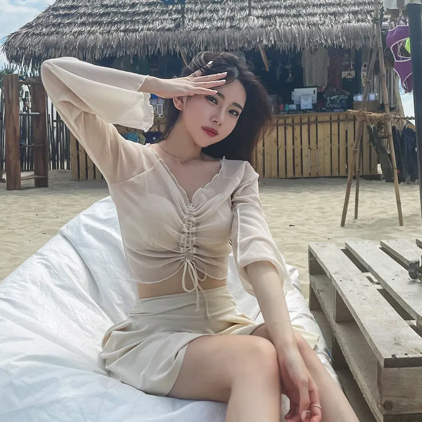 韓国風 3点セット 長袖 体型カバー ボウタイ ギャザー 透け防止に 日焼け止め ビキニ