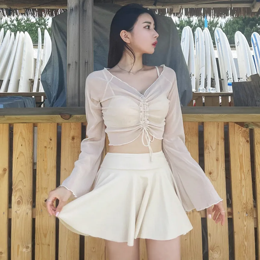 韓国風 3点セット 長袖 体型カバー ボウタイ ギャザー 透け防止に 日焼け止め ビキニ