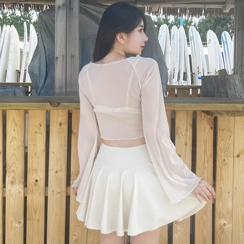 韓国風 3点セット 長袖 体型カバー ボウタイ ギャザー 透け防止に 日焼け止め ビキニ