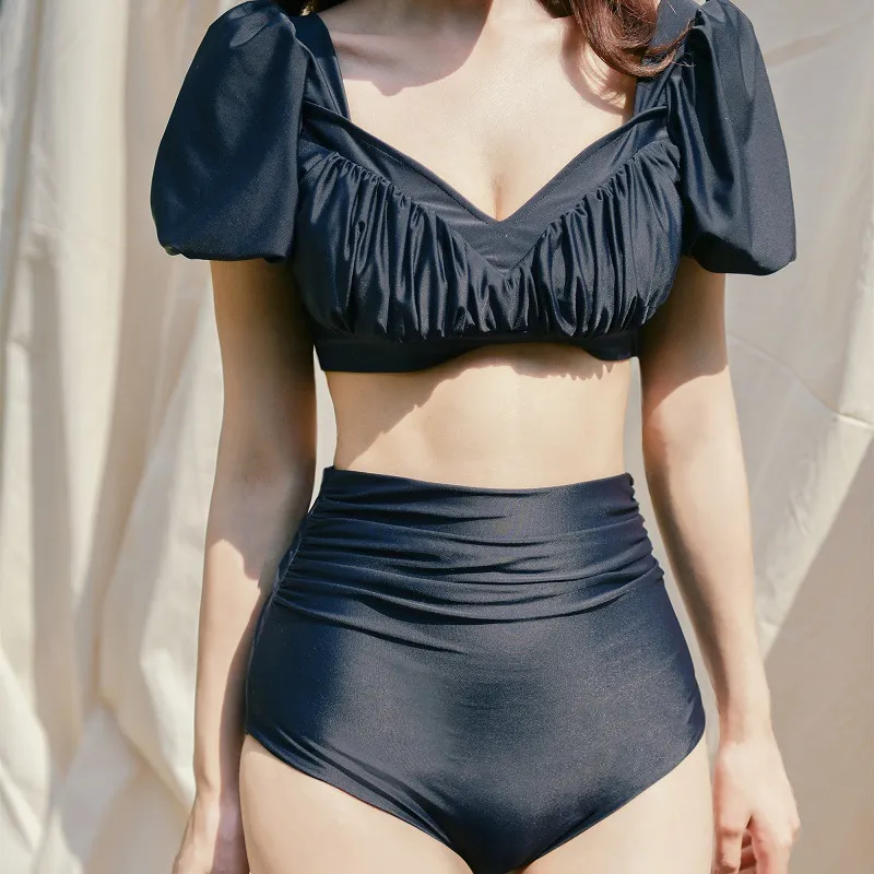 人気上昇中 Vネック ギャザー パフスリーブ ハイウエスト 無地 タンキニ水着