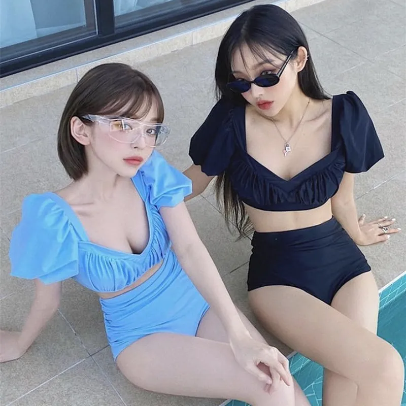 人気上昇中 Vネック ギャザー パフスリーブ ハイウエスト 無地 タンキニ水着