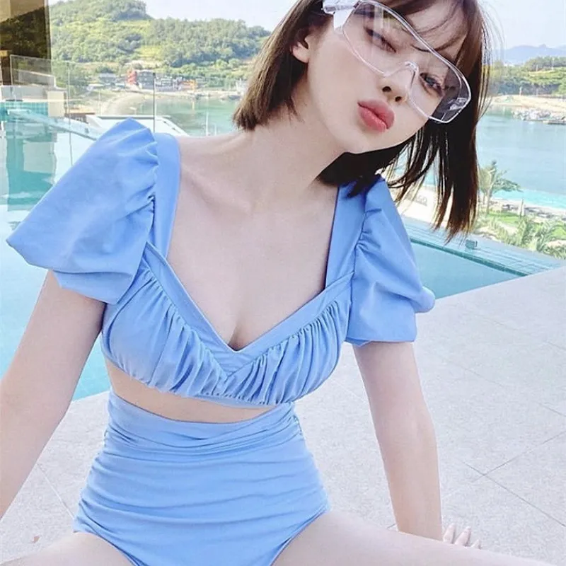 人気上昇中 Vネック ギャザー パフスリーブ ハイウエスト 無地 タンキニ水着