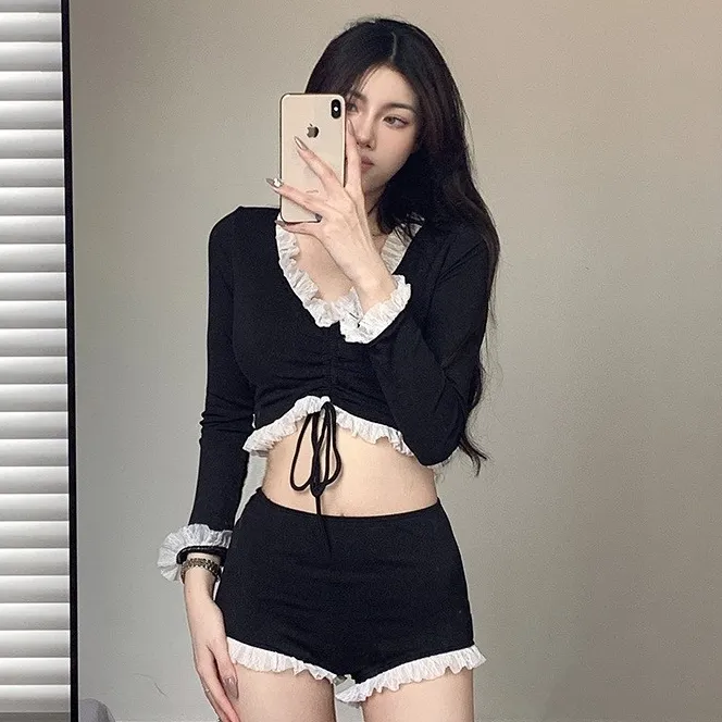 魅力を徹底解剖 ハイウエスト 長袖 レトロ レース Vネック ボウタイ 体型カバー タンキニ水着