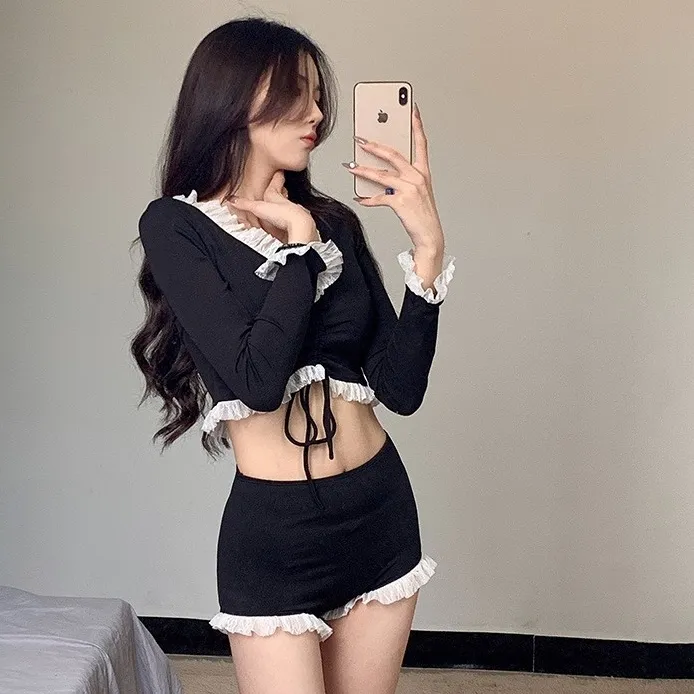 魅力を徹底解剖 ハイウエスト 長袖 レトロ レース Vネック ボウタイ 体型カバー タンキニ水着