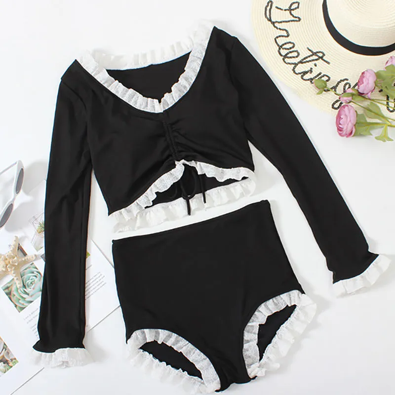 魅力を徹底解剖 ハイウエスト 長袖 レトロ レース Vネック ボウタイ 体型カバー タンキニ水着