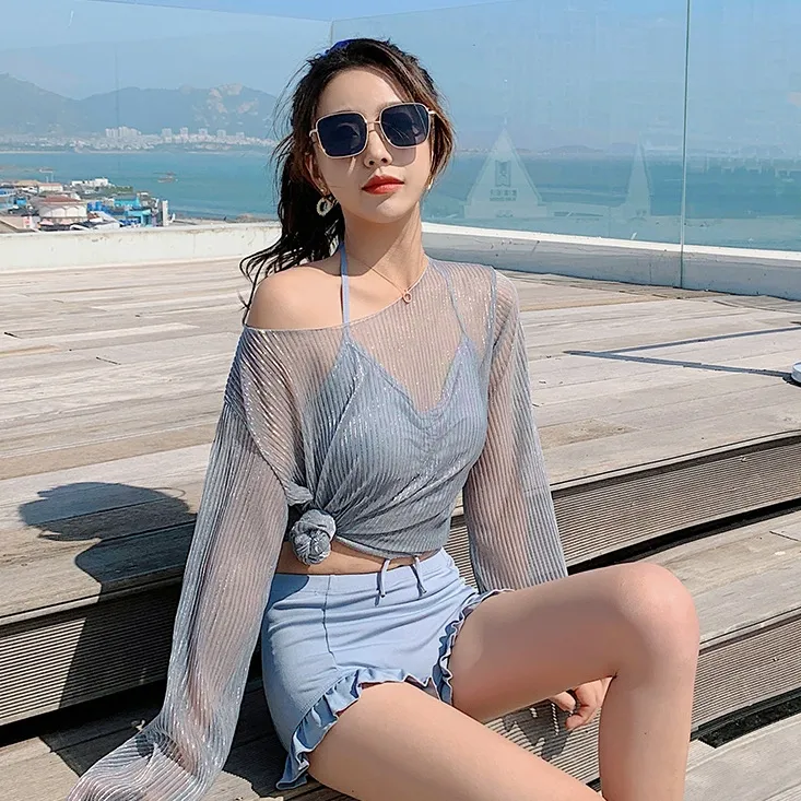 【3点セット】体型カバー ファッション 無地 日焼け止め ハイウエスト ビキニ水着