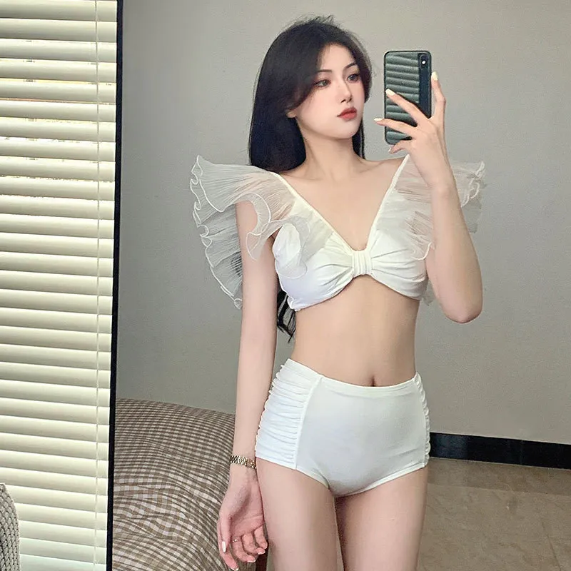 オシャレINS風 スウィート フリル袖 タンキニ 深Vネック セクシー 背中魅せ ビキニ