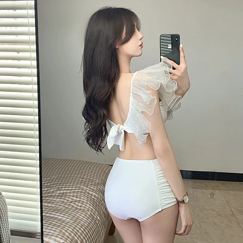 オシャレINS風 スウィート フリル袖 タンキニ 深Vネック セクシー 背中魅せ ビキニ