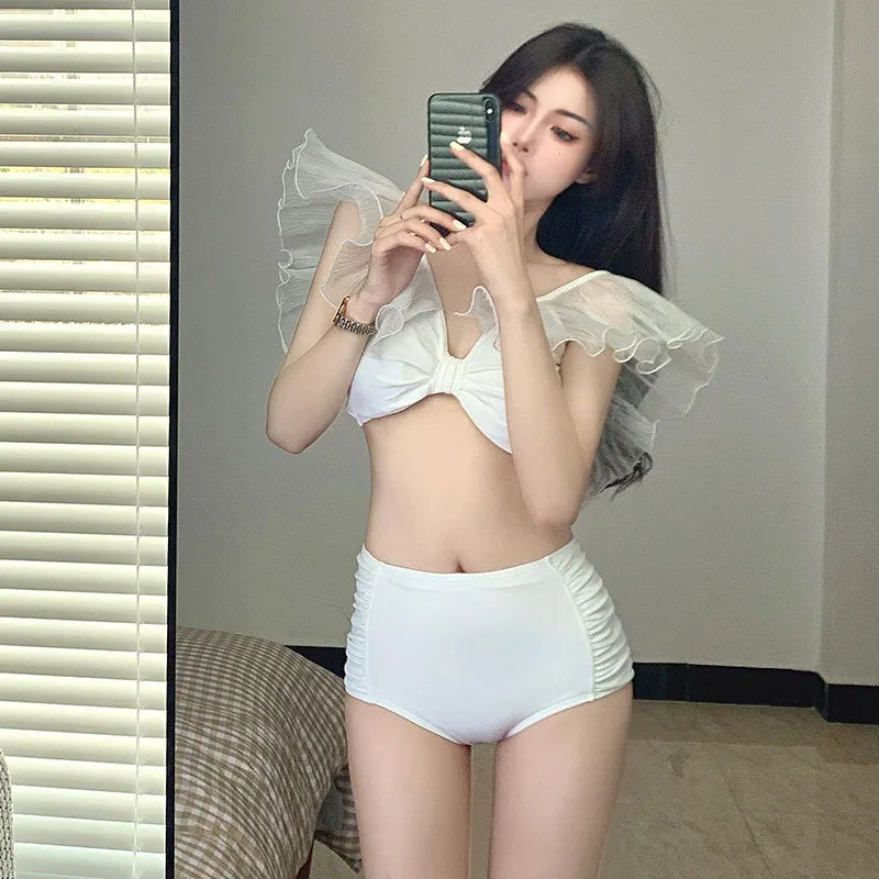 オシャレINS風 スウィート フリル袖 タンキニ 深Vネック セクシー 背中魅せ ビキニ