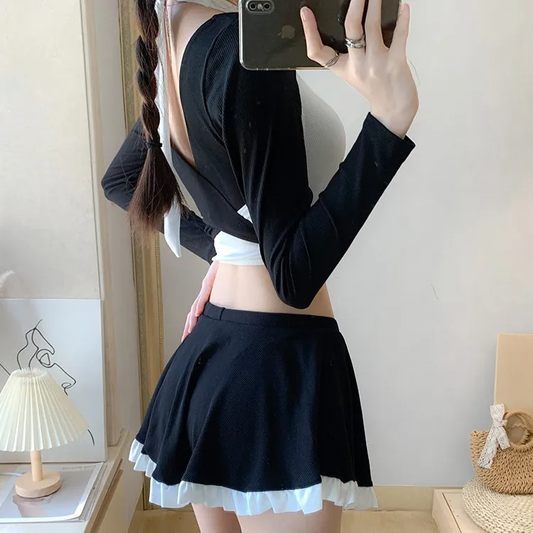 おしゃれ度高め 配色 ボウタイ 寄せ上げ 長袖 日焼け防止 体型カバー ハイウエスト Aライン タンキニ水着