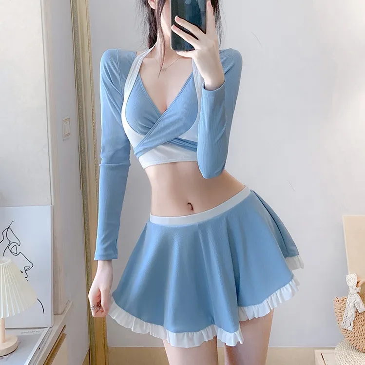 おしゃれ度高め 配色 ボウタイ 寄せ上げ 長袖 日焼け防止 体型カバー ハイウエスト Aライン タンキニ水着