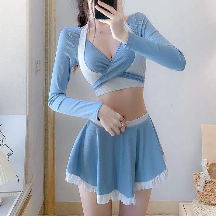 おしゃれ度高め 配色 ボウタイ 寄せ上げ 長袖 日焼け防止 体型カバー ハイウエスト Aライン タンキニ水着