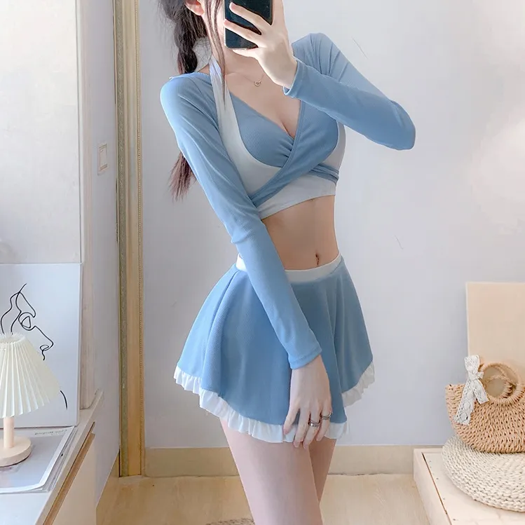 おしゃれ度高め 配色 ボウタイ 寄せ上げ 長袖 日焼け防止 体型カバー ハイウエスト Aライン タンキニ水着