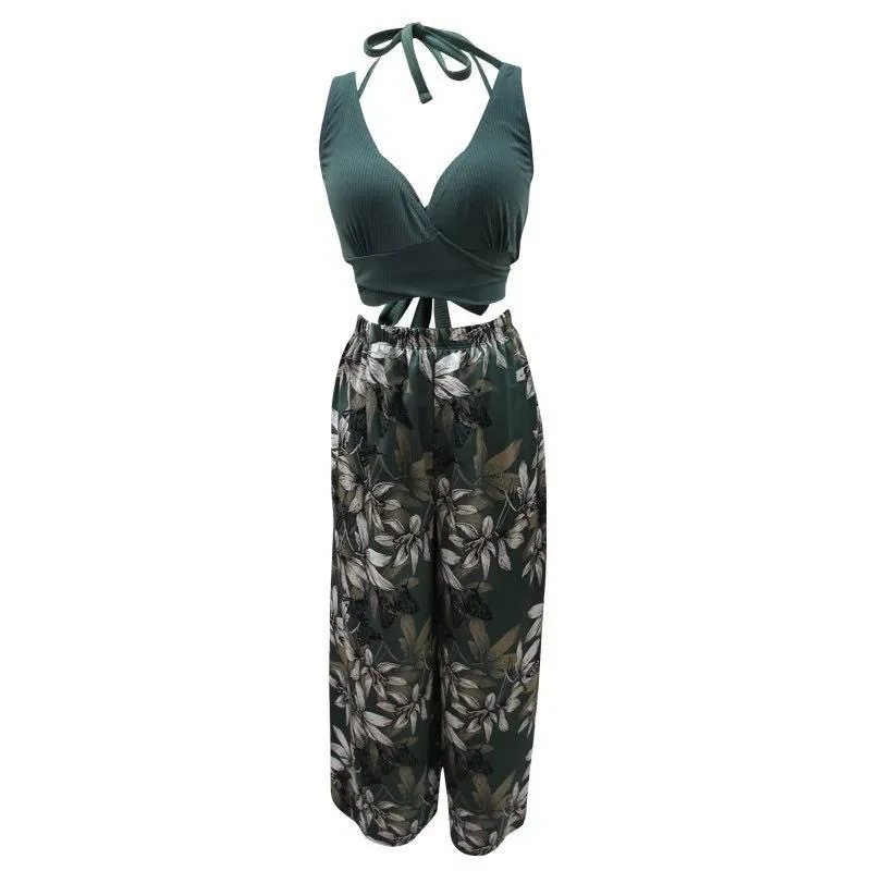 リゾート 3点セット ボヘミアンスタイル 体型カバー タンキニ プリント Vネック ビキニ