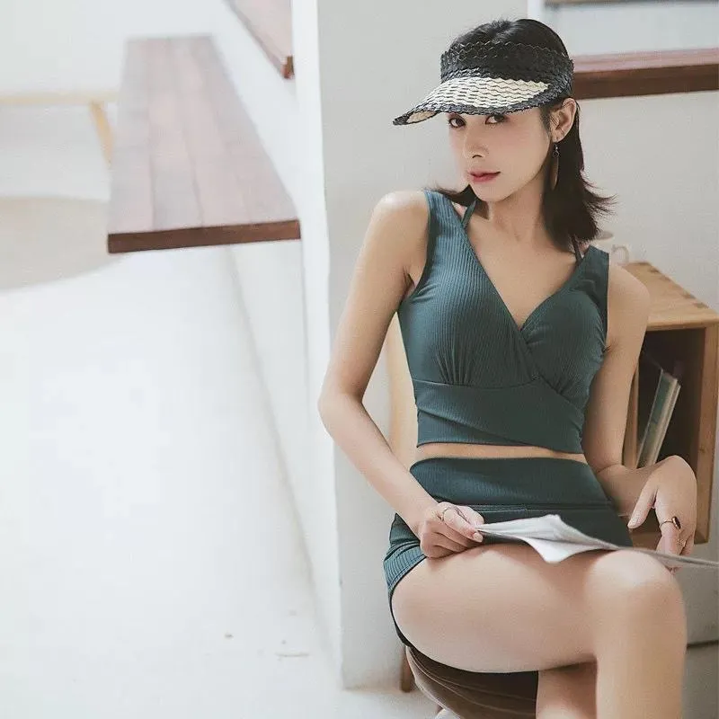 リゾート 3点セット ボヘミアンスタイル 体型カバー タンキニ プリント Vネック ビキニ