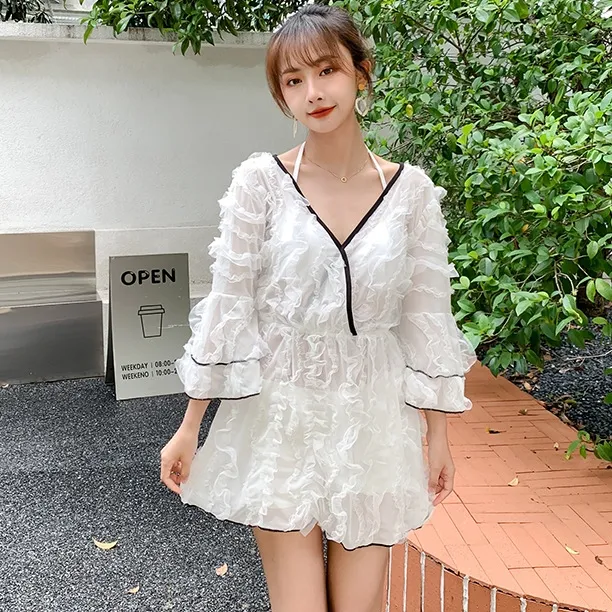 着瘦せ 3点セット スウィート フレア袖 控えめ レース 切り替え 体型カバー ゆったり ビキニ