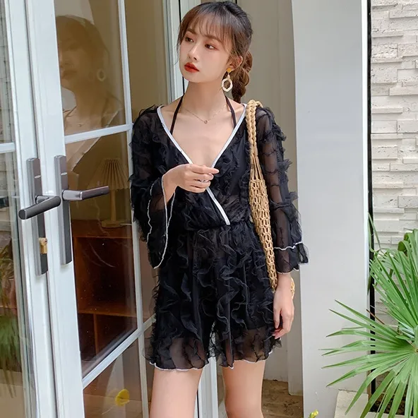 着瘦せ 3点セット スウィート フレア袖 控えめ レース 切り替え 体型カバー ゆったり ビキニ