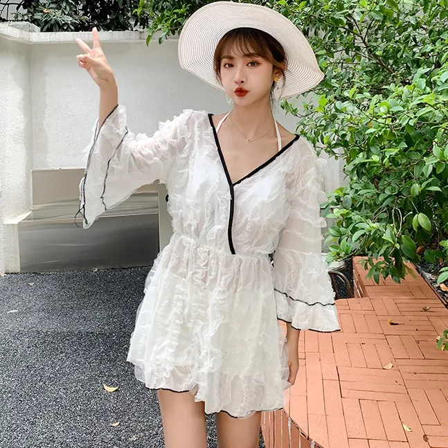 着瘦せ 3点セット スウィート フレア袖 控えめ レース 切り替え 体型カバー ゆったり ビキニ