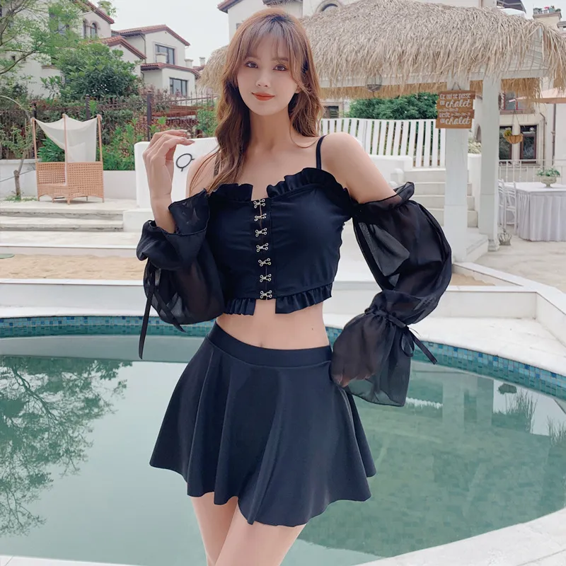 女子力UP 着瘦せ ランタンスリーブ タンキニ 切り替え ボウタイ 体型カバー ビキニ