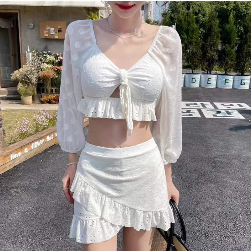 スウィート 韓国風 レース 透かし彫り 長袖 体型カバー タンキニ 通気性良い ビキニ