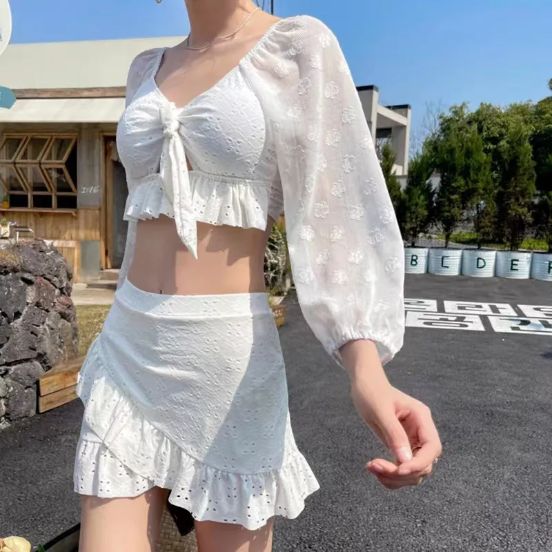 スウィート 韓国風 レース 透かし彫り 長袖 体型カバー タンキニ 通気性良い ビキニ