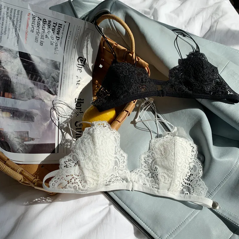 フランス式  三角カップ 総レース 超薄め A-Cカップ ノンワイヤー 美胸 フロントホック ブラジャー