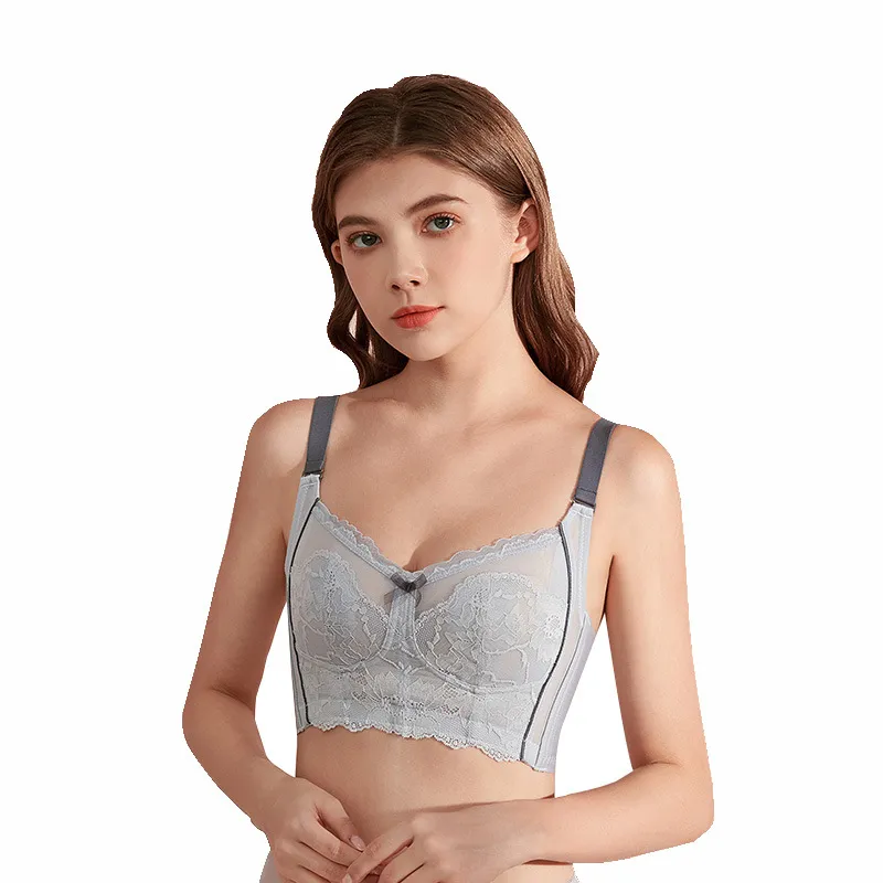 (B-Fカップ)エレガント 後ろホック レース リボン ワイヤーなし ブラジャー