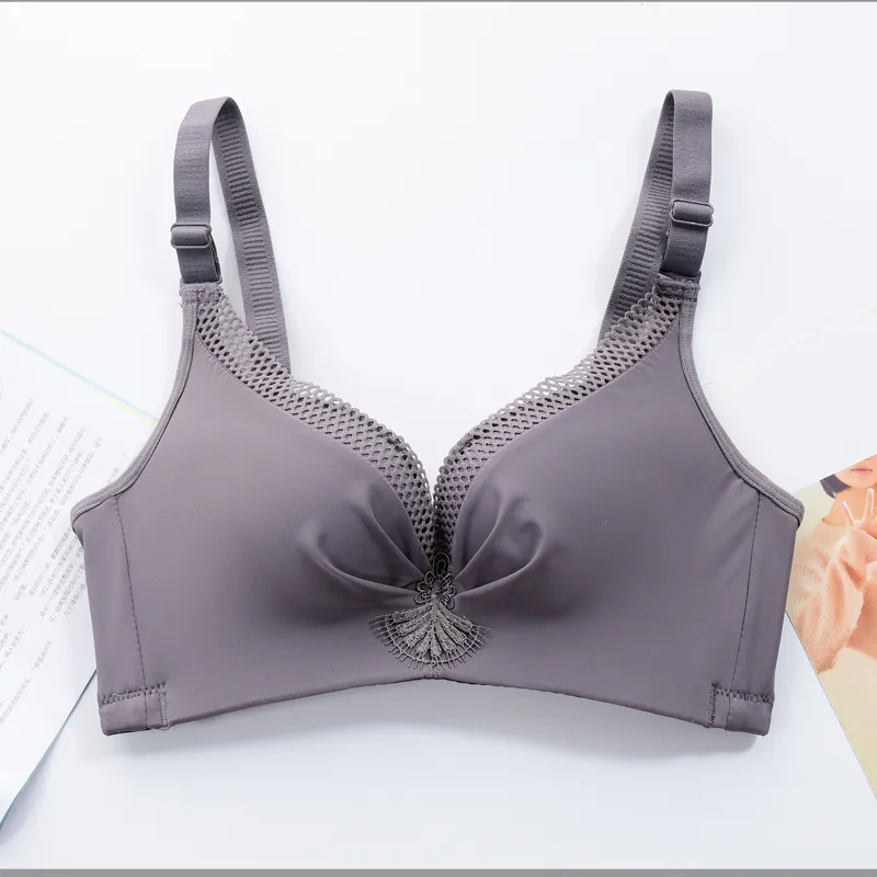 （A-Dカップ）ファッション無地刺繍切り替えワイヤーなし後ろホック調節可ノンワイヤーブラジャー