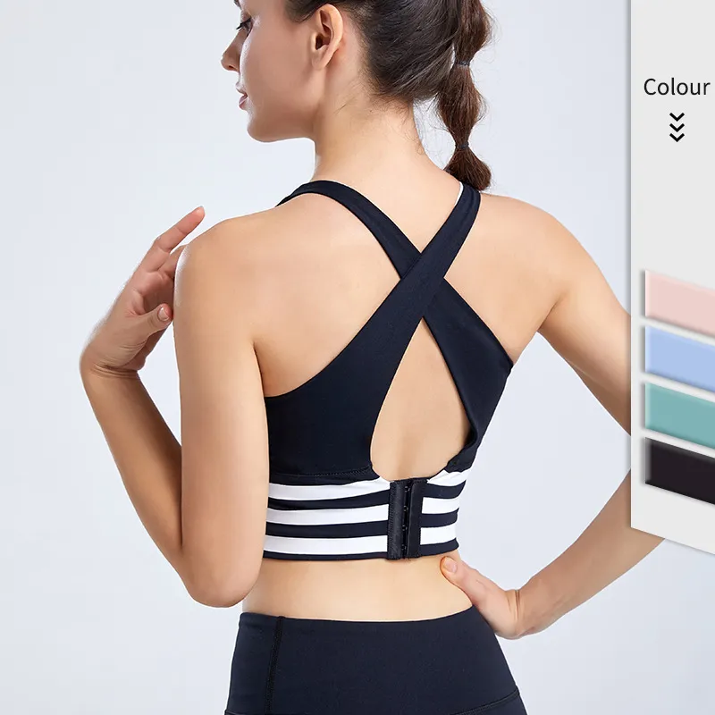 清新 ボーダー 交差 後ろホック 切り替え 脇高 吸汗速乾 ヨガブラ