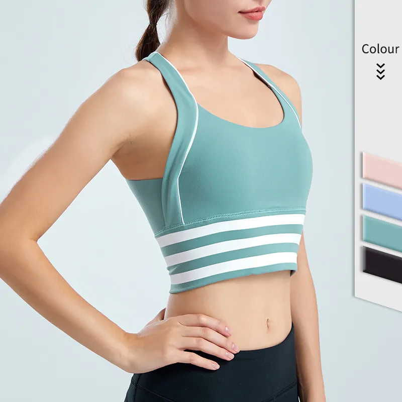 清新 ボーダー 交差 後ろホック 切り替え 脇高 吸汗速乾 ヨガブラ