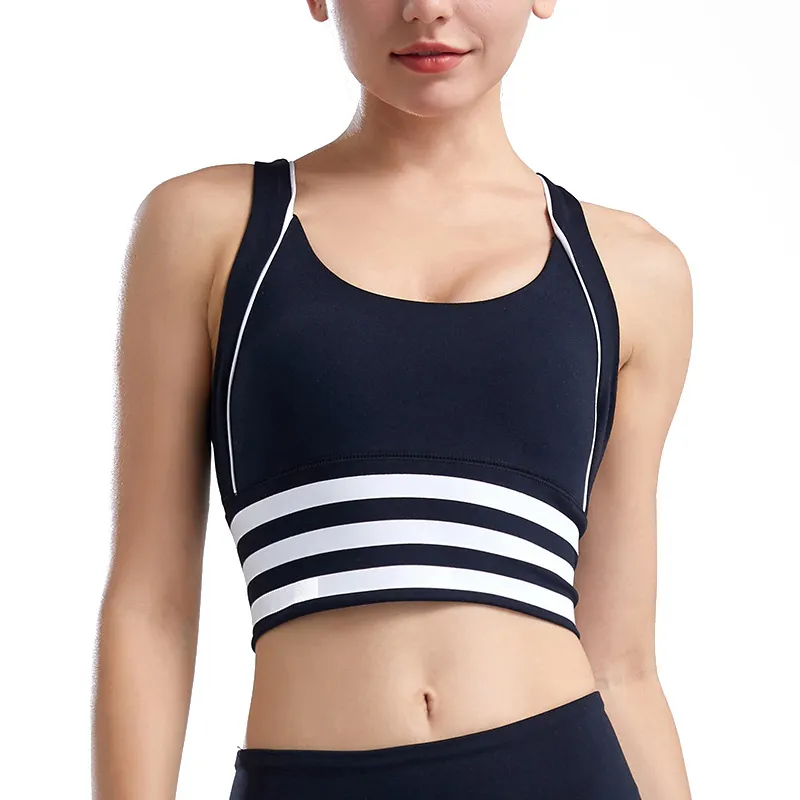 清新 ボーダー 交差 後ろホック 切り替え 脇高 吸汗速乾 ヨガブラ