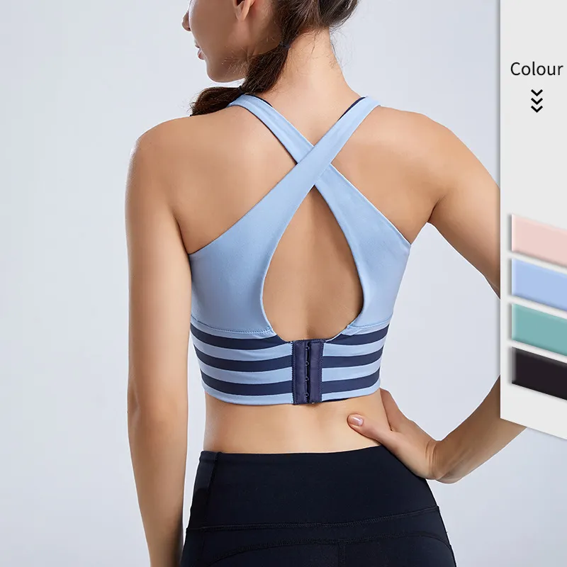 清新 ボーダー 交差 後ろホック 切り替え 脇高 吸汗速乾 ヨガブラ