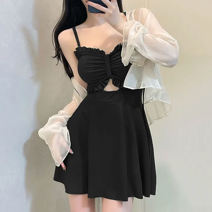 気質アップ  2点セット 体型カバー 切り替え ハイウエスト 着瘦せ ワンピース水着