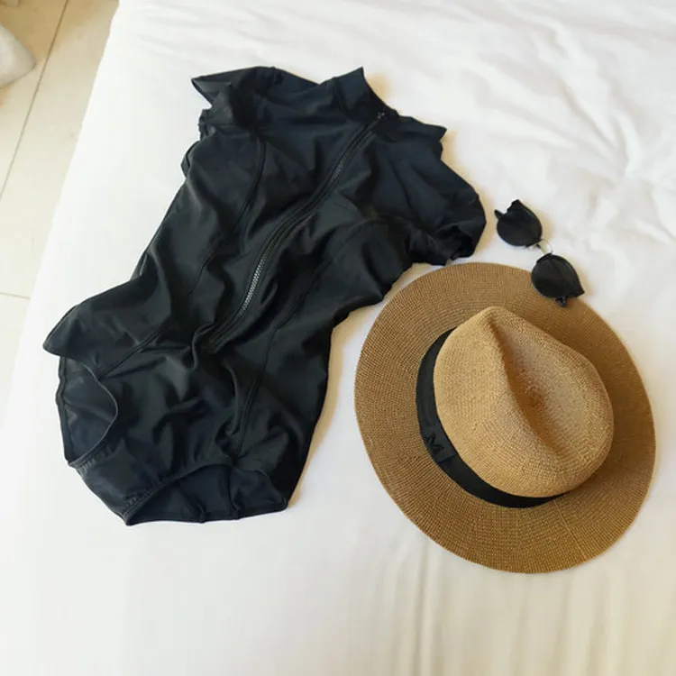 韓国ファッション シンプル 無地 ジッパー 半袖 ショート丈 ワンピース水着