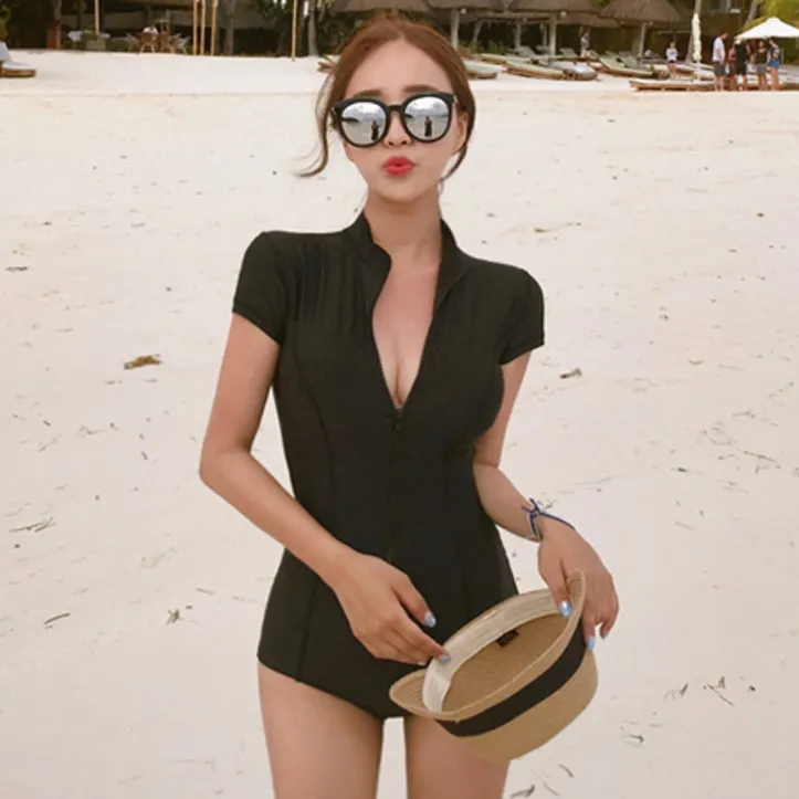 韓国ファッション シンプル 無地 ジッパー 半袖 ショート丈 ワンピース水着