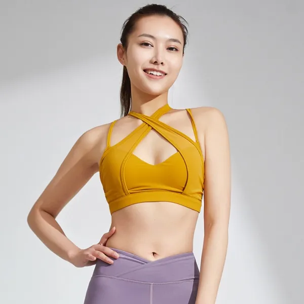 バストの動きを抑えて  透かし彫り 無地 伸縮性よい 美背 クロスバック ヨガブラ