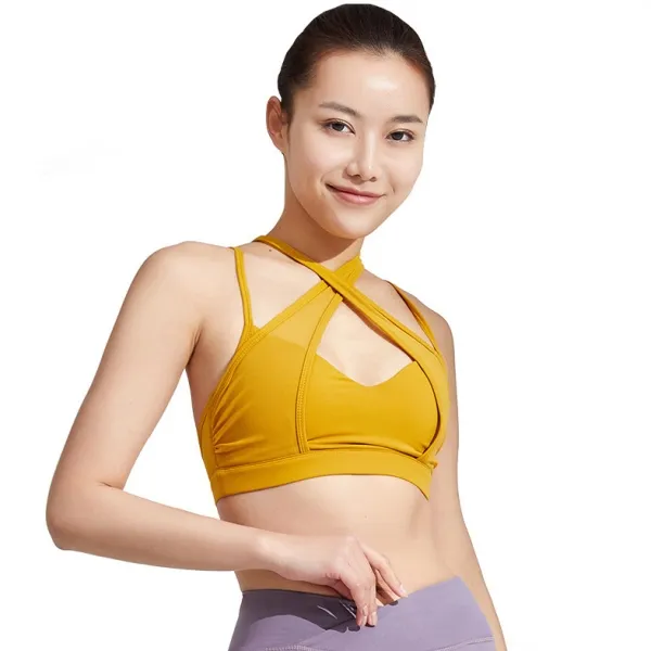 バストの動きを抑えて  透かし彫り 無地 伸縮性よい 美背 クロスバック ヨガブラ