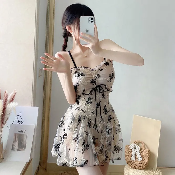 スウィート 刺繍 ボウタイ 配色 ノースリーブ Aラインワンピース水着