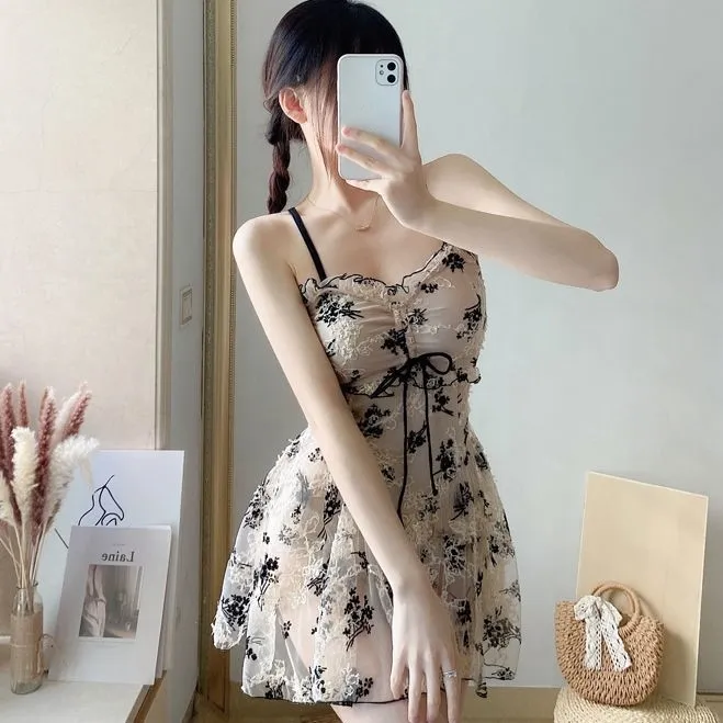 スウィート 刺繍 ボウタイ 配色 ノースリーブ Aラインワンピース水着