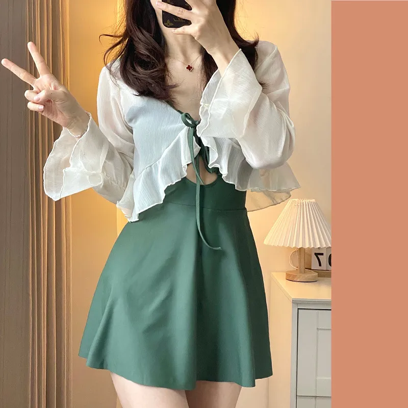 2点セット 体型カバー スウィート 透かし彫り ボウタイ Aライン ワンピース 水着