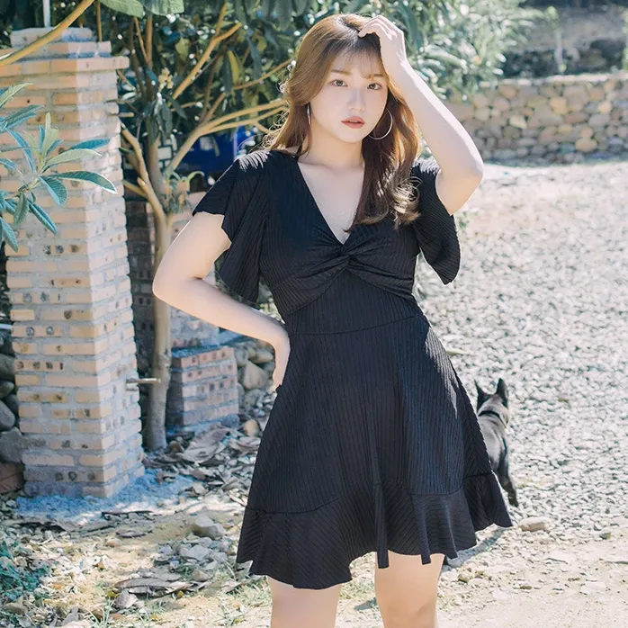 体型カバー 大きいサイズ 無地 ボウタイ 着瘦せ シンプル Aライン ワンピース水着