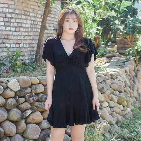 体型カバー 大きいサイズ 無地 ボウタイ 着瘦せ シンプル Aライン ワンピース水着