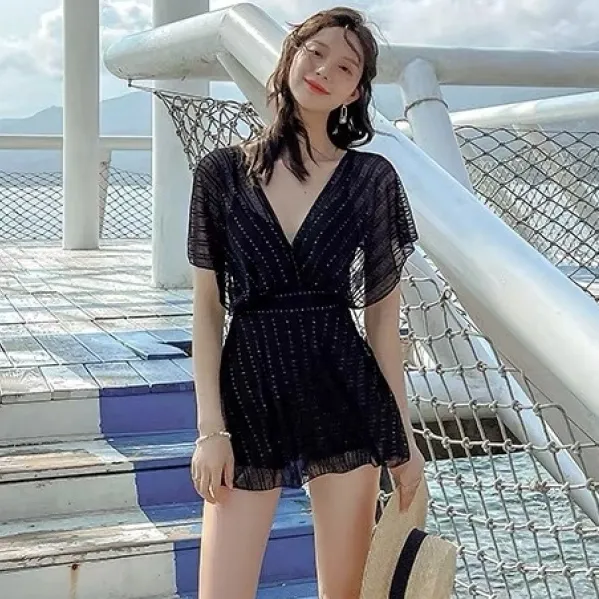 気質アップ セクシー デザイン性抜群 Vネック レース ワンピース水着